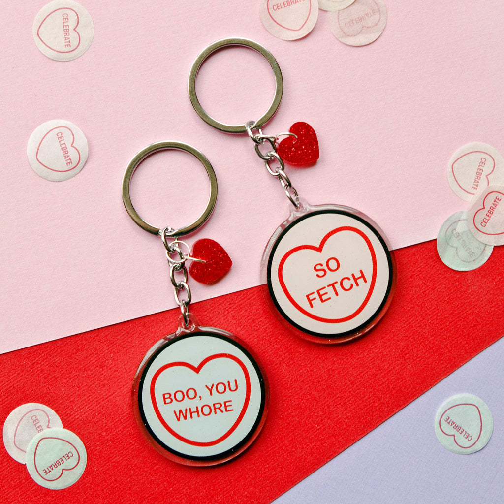 Candy & Kitsch candy heart keyring keychain sits in a kitsch interior design in the variation ’so fetch' inspired by Mean Girls