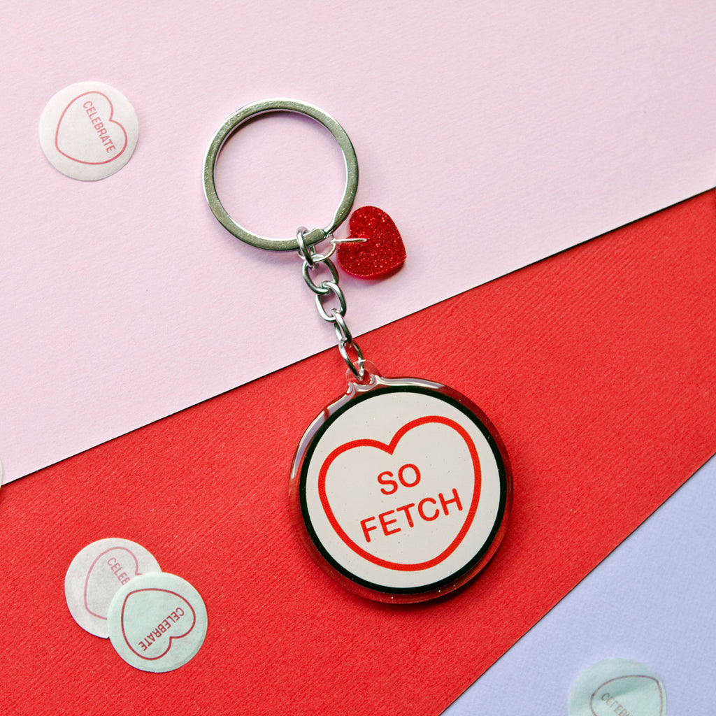Candy & Kitsch candy heart keyring keychain sits in a kitsch interior design in the variation ’so fetch' inspired by Mean Girls