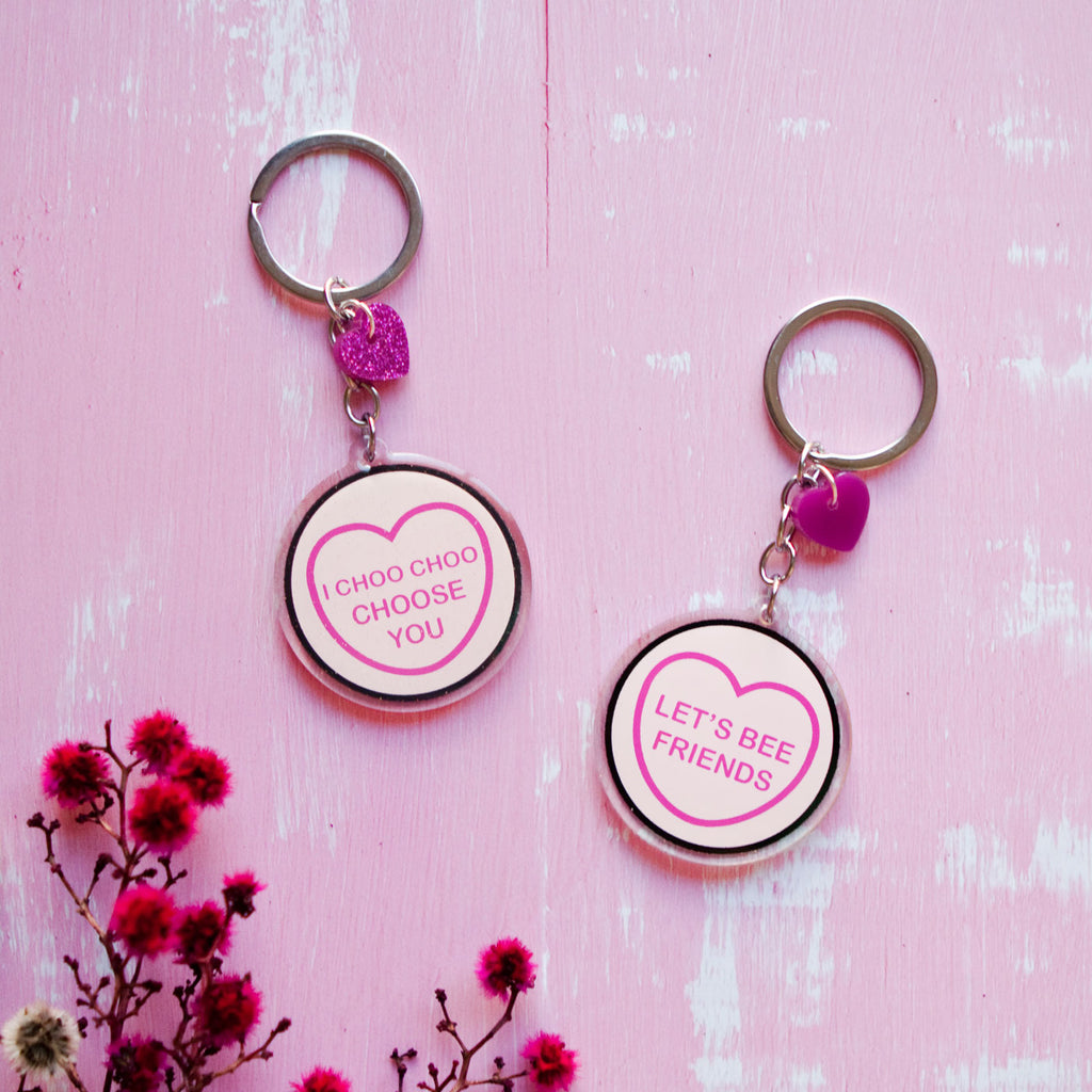 Candy & Kitsch candy heart keyring keychain sits in a kitsch interior design in the variation ’i choo choo choose you / let's be friends' inspired by The Simpsons