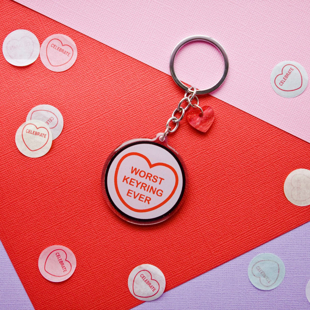 Candy & Kitsch candy heart keyring keychain sits in a kitsch interior design in the variation ’worst keyring ever'