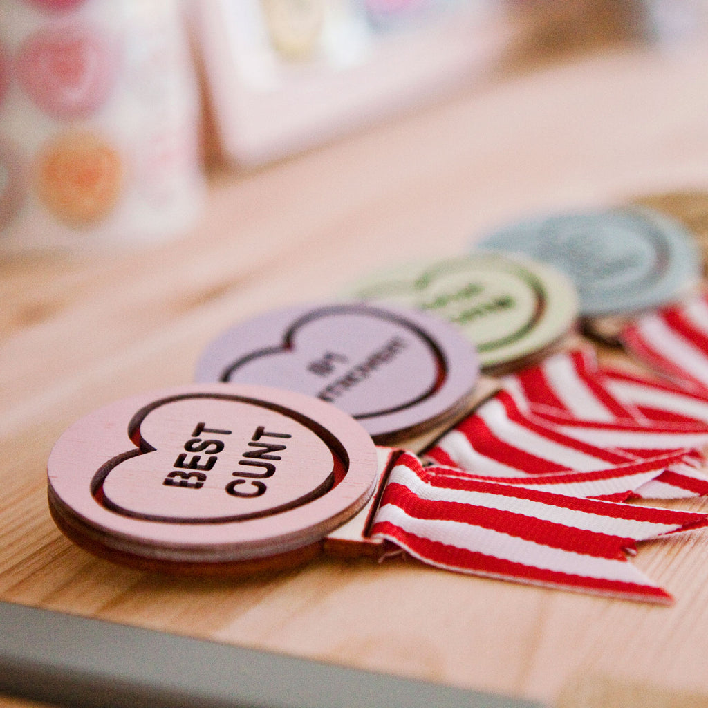 Candy and Kitsch group shot of candy heart merit brooches handmade in Australia