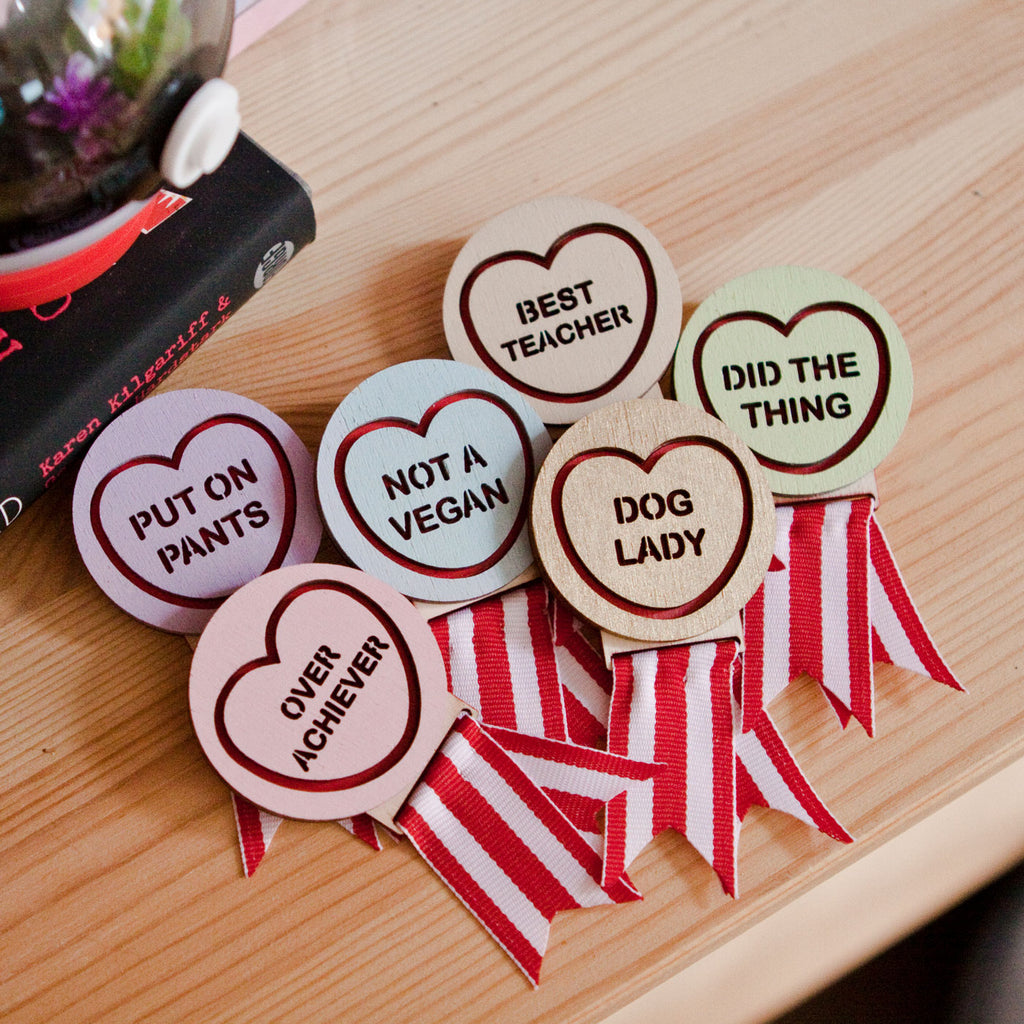 Candy and Kitsch group shot of candy heart merit brooches handmade in Australia