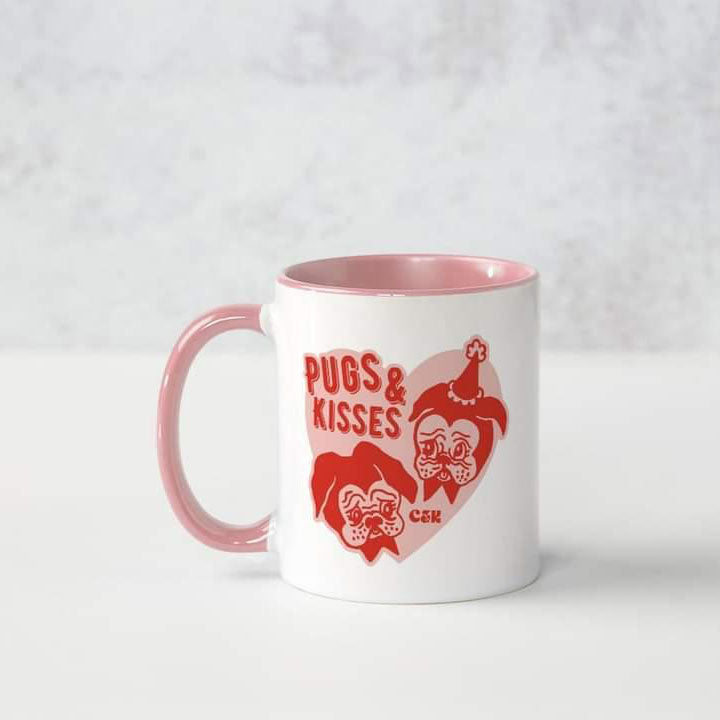 Candy & Kitsch 'Pugs and Kisses' branded mug in pink