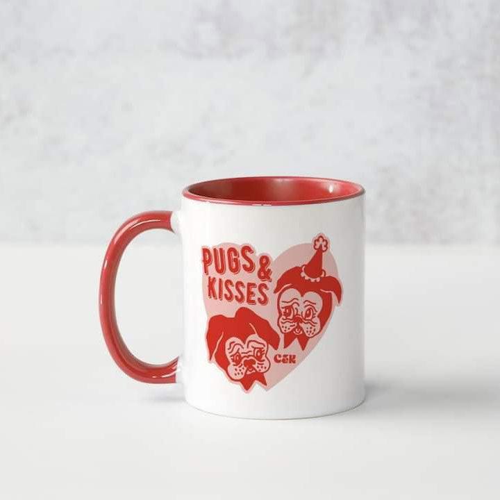 Candy & Kitsch 'Pugs and Kisses' branded mug in red